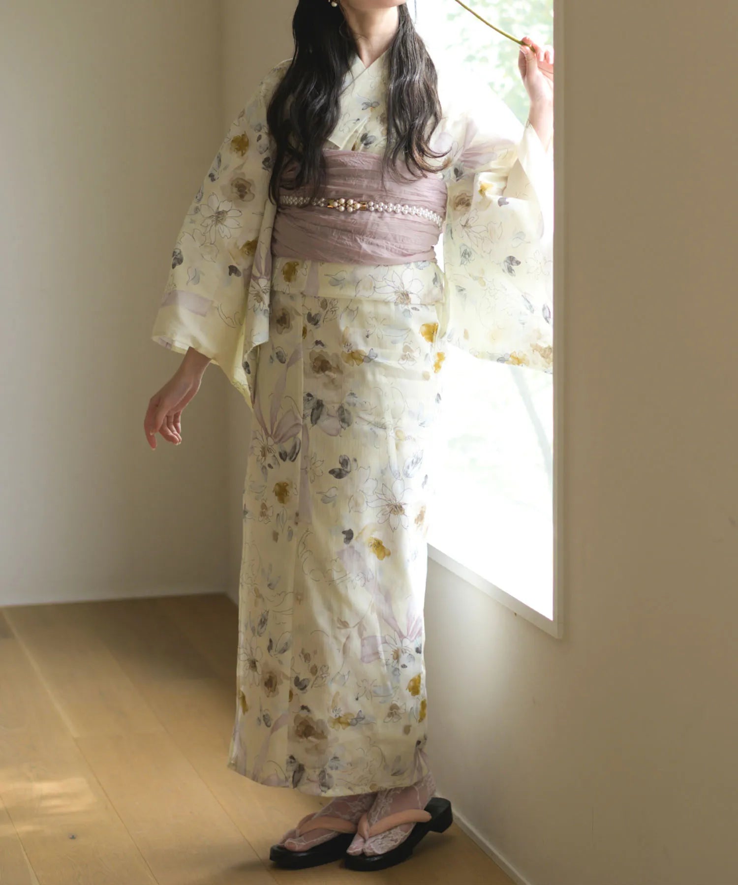 夏宵浴衣 ミルキーリボンの花奏 下駄付き5点セット(浴衣・兵児帯・腰紐×2・下駄)