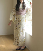 夏宵浴衣 ミルキーリボンの花奏 下駄付き5点セット(浴衣・兵児帯・腰紐×2・下駄)