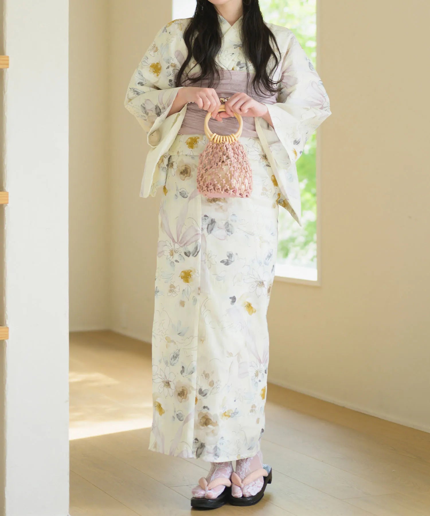 夏宵浴衣 ミルキーリボンの花奏 下駄付き5点セット(浴衣・兵児帯・腰紐×2・下駄)