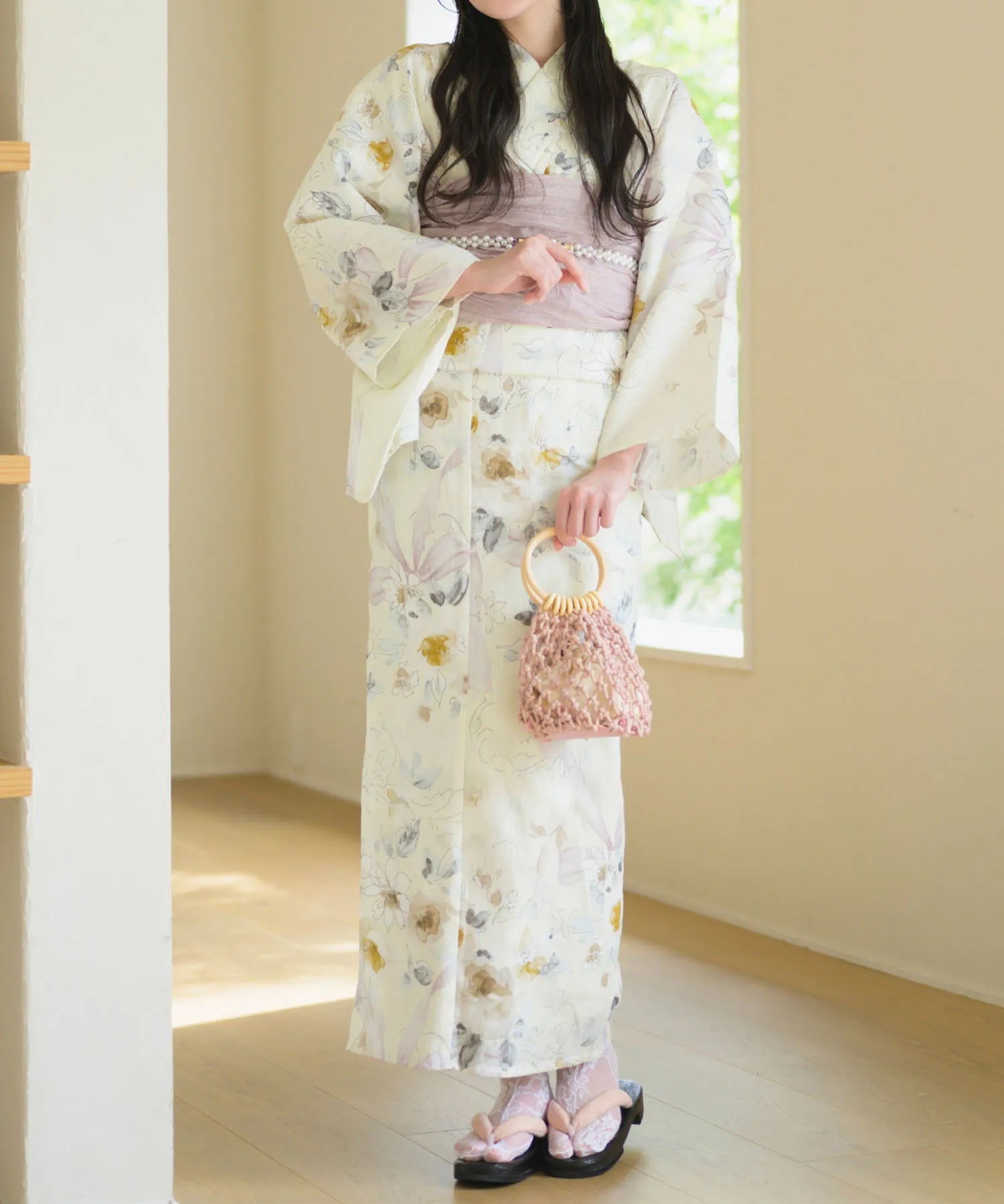 夏宵浴衣 ミルキーリボンの花奏 下駄付き5点セット(浴衣・兵児帯・腰紐×2・下駄)