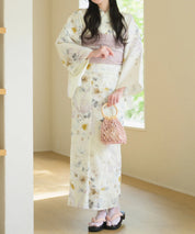 夏宵浴衣 ミルキーリボンの花奏 下駄付き5点セット(浴衣・兵児帯・腰紐×2・下駄)