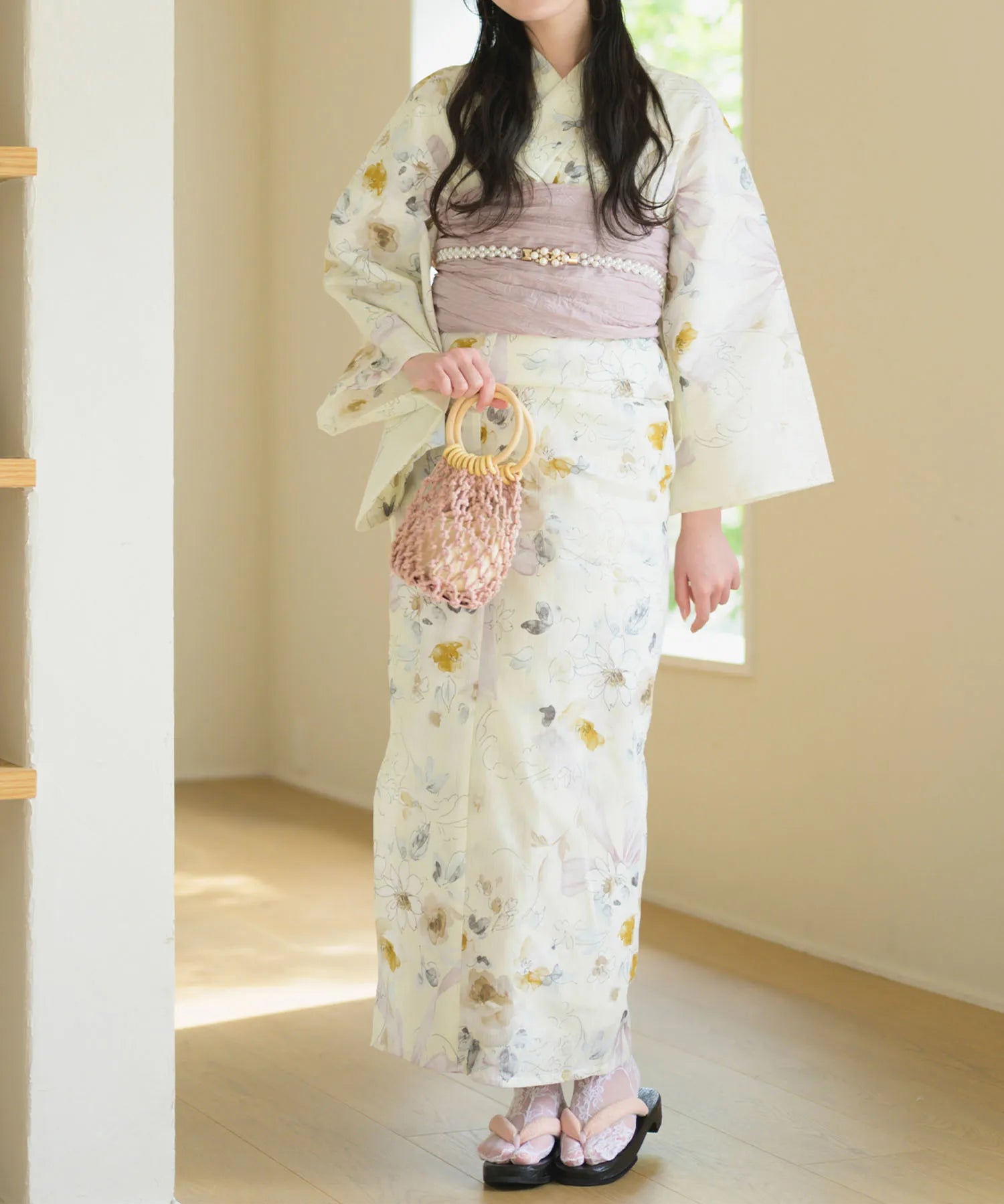 夏宵浴衣 ミルキーリボンの花奏 下駄付き5点セット(浴衣・兵児帯・腰紐×2・下駄)