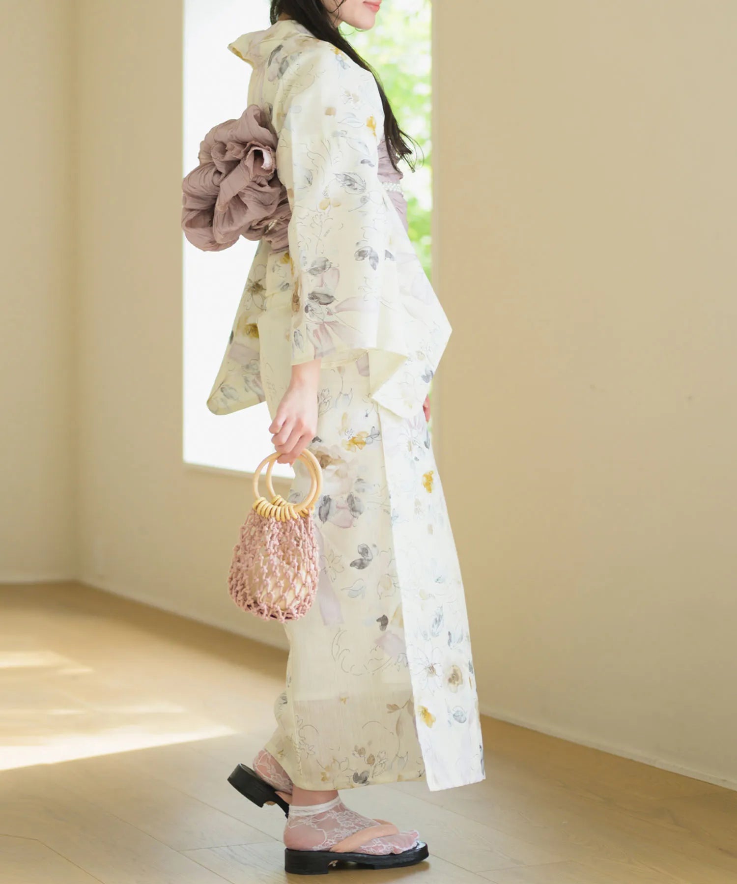 夏宵浴衣 ミルキーリボンの花奏 下駄付き5点セット(浴衣・兵児帯・腰紐×2・下駄)