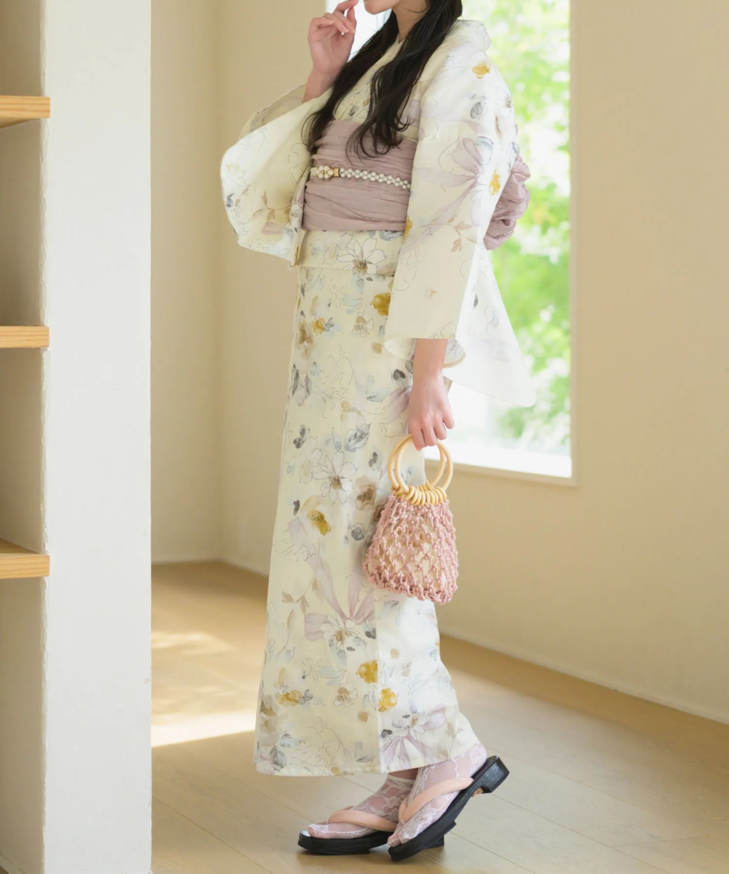 夏宵浴衣 ミルキーリボンの花奏 下駄付き5点セット(浴衣・兵児帯・腰紐×2・下駄)