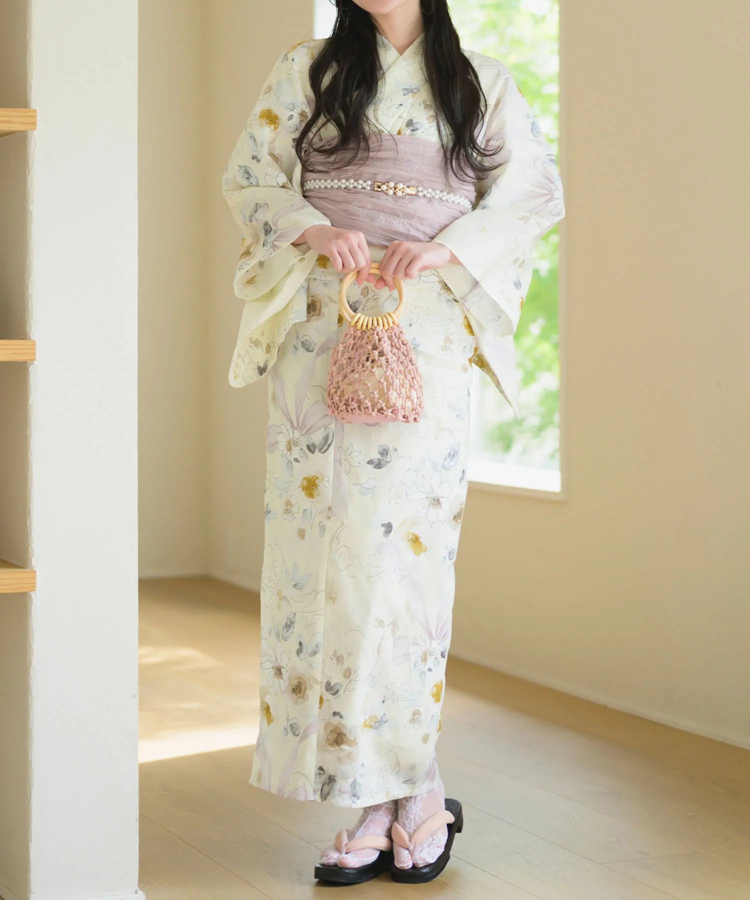 夏宵浴衣 ミルキーリボンの花奏 下駄付き5点セット(浴衣・兵児帯・腰紐×2・下駄)