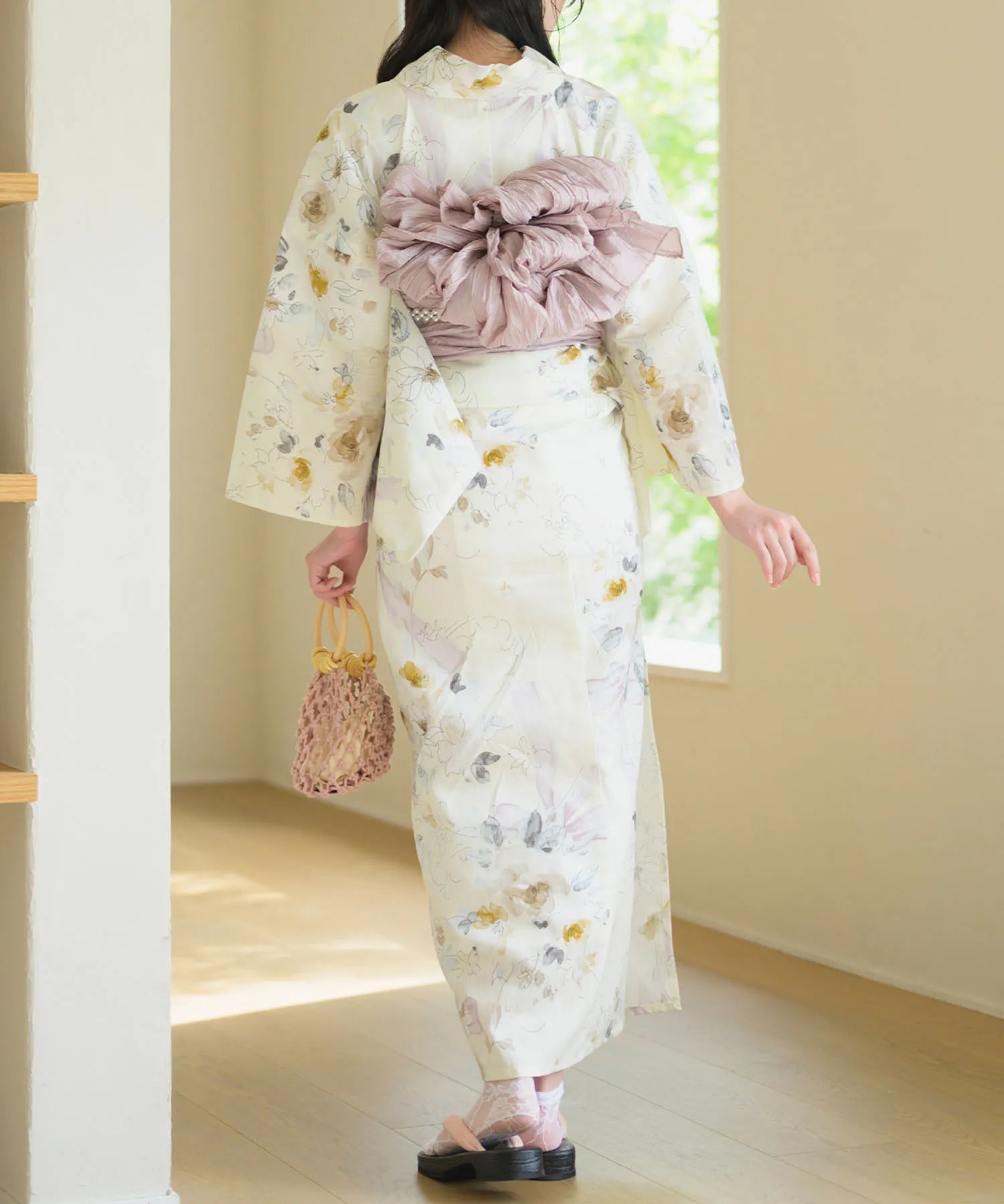 夏宵浴衣 ミルキーリボンの花奏 下駄付き5点セット(浴衣・兵児帯・腰紐×2・下駄)