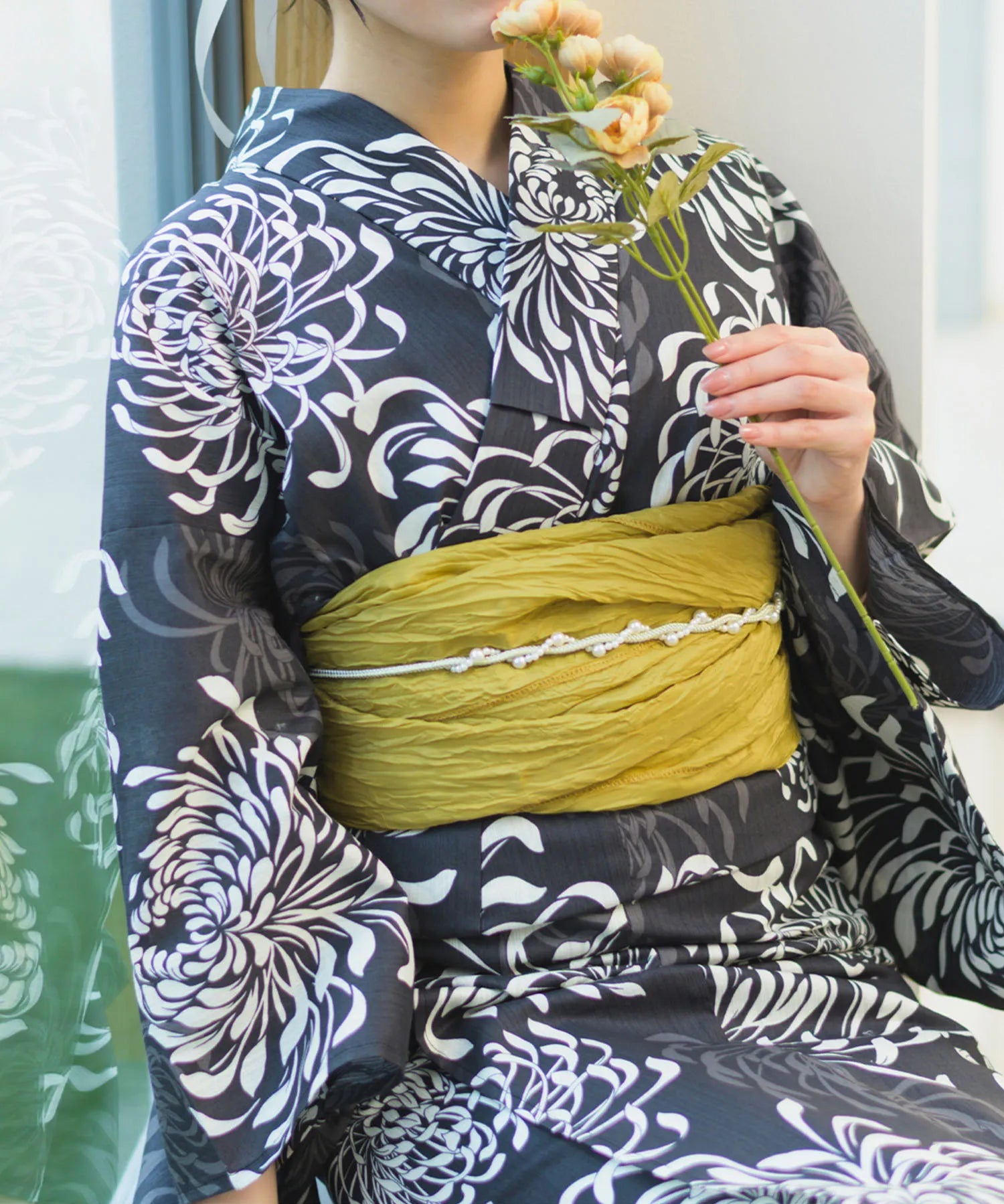 夏宵浴衣 月影の菊詩 4点セット(浴衣・兵児帯・腰紐×2)