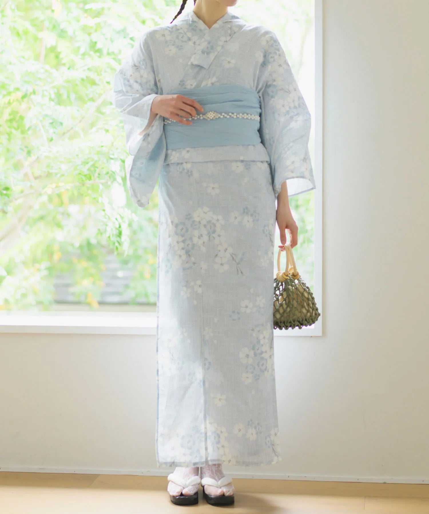 夏花浴衣 水涼撫子 下駄付き5点セット(浴衣・兵児帯・腰紐×2・下駄)