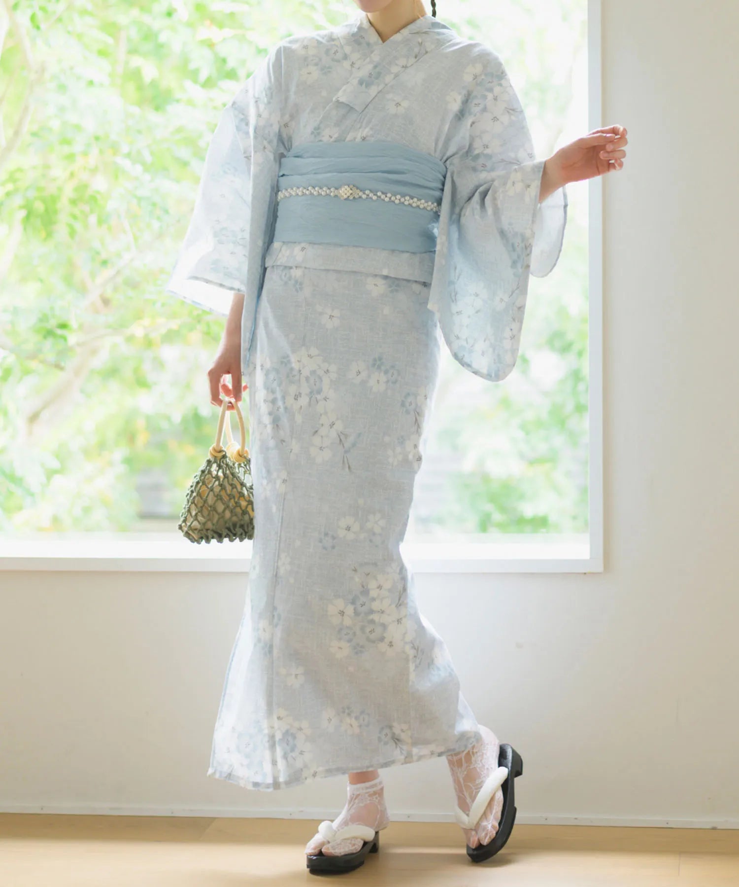 夏花浴衣 水涼撫子 下駄付き5点セット(浴衣・兵児帯・腰紐×2・下駄)