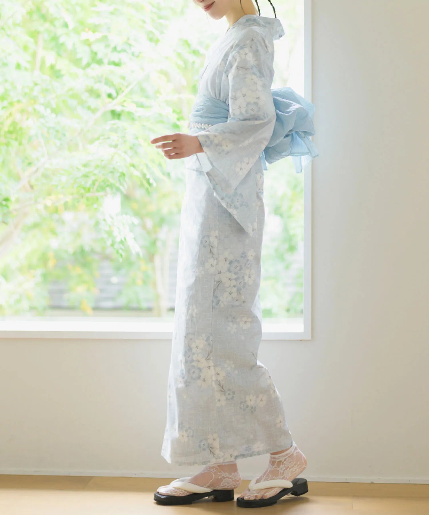 夏花浴衣 水涼撫子 下駄付き5点セット(浴衣・兵児帯・腰紐×2・下駄)