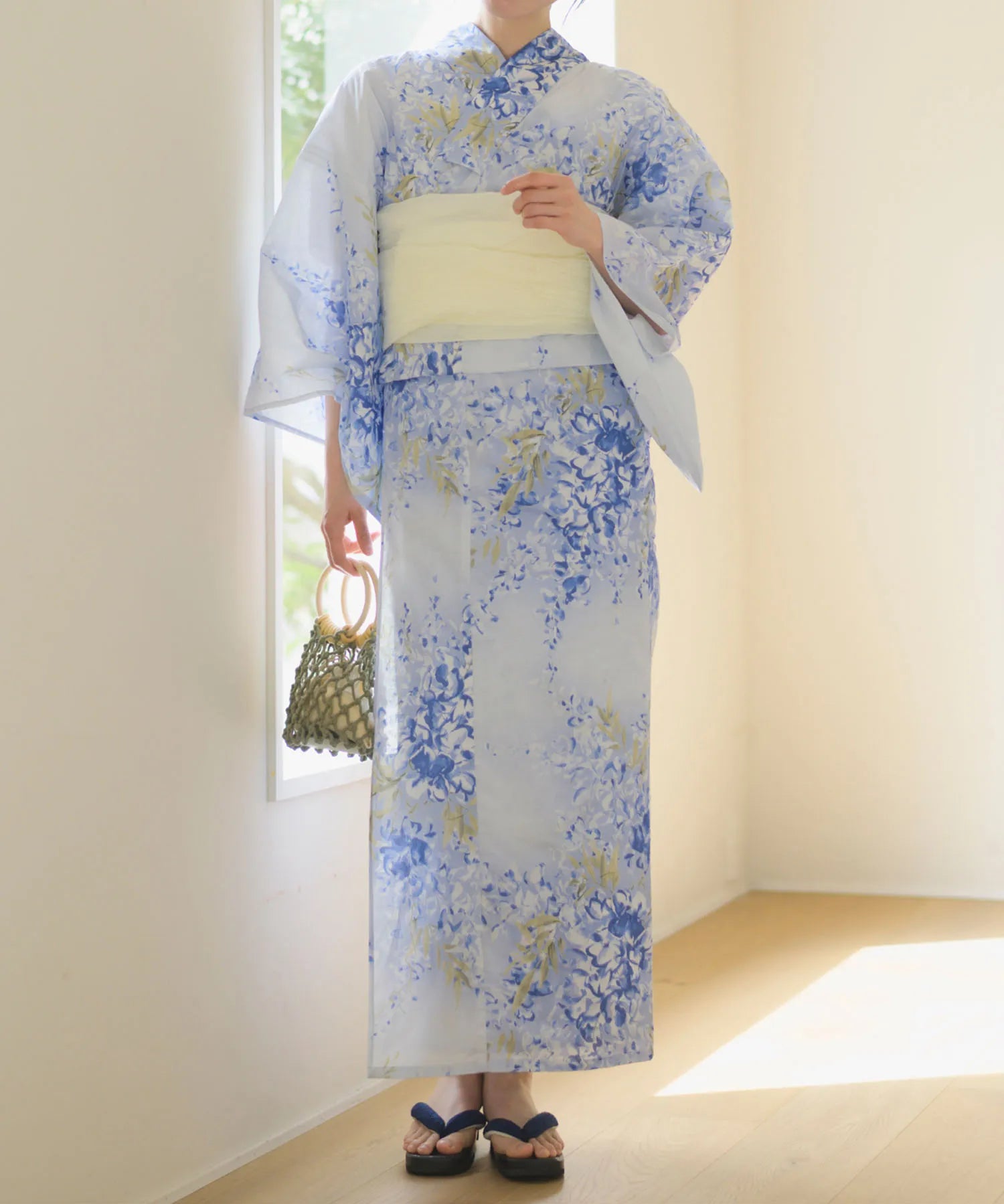 夏花浴衣 藤露の涼風 下駄付き5点セット(浴衣・兵児帯・腰紐×2・下駄)