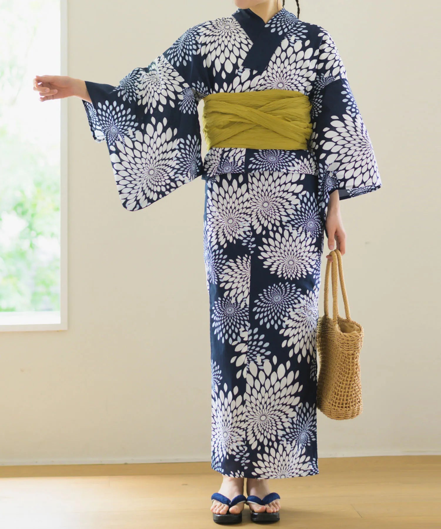 夏花浴衣 紺菊華 下駄付き5点セット(浴衣・兵児帯・腰紐×2・下駄)