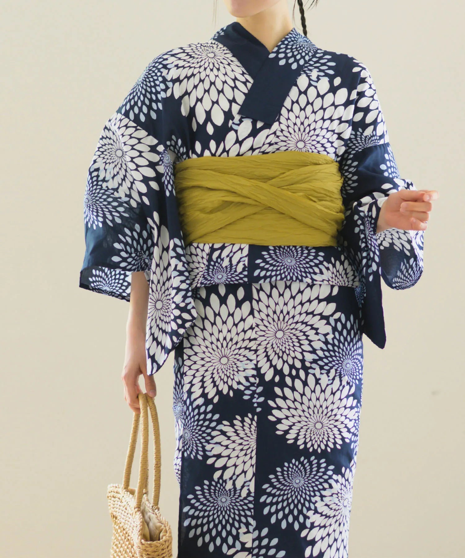 夏花浴衣 紺菊華 4点セット(浴衣・兵児帯・腰紐×2)