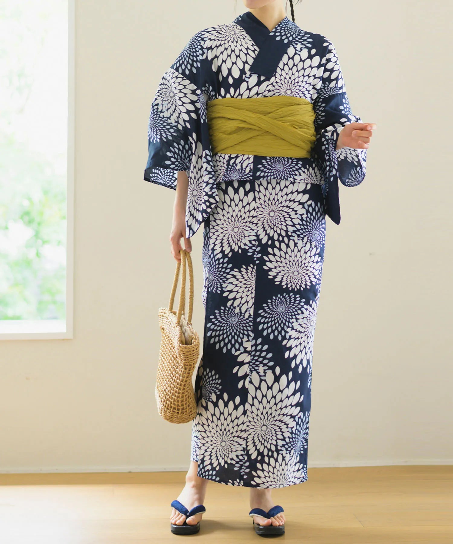 夏花浴衣 紺菊華 下駄付き5点セット(浴衣・兵児帯・腰紐×2・下駄)