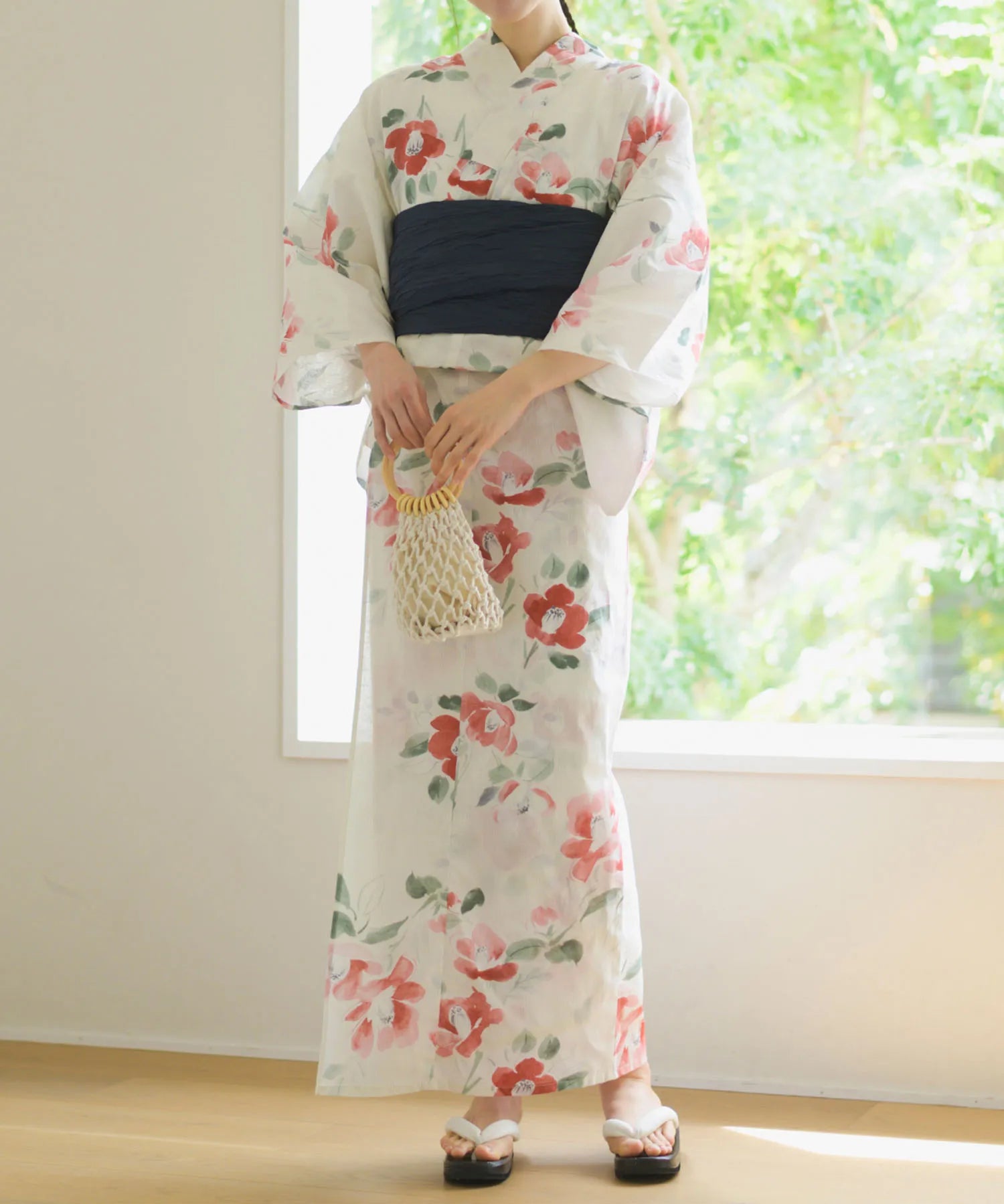 夏花浴衣 白昼の紅椿 下駄付き5点セット(浴衣・兵児帯・腰紐×2・下駄)