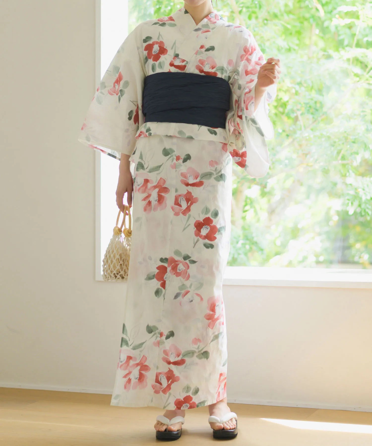夏花浴衣 白昼の紅椿 下駄付き5点セット(浴衣・兵児帯・腰紐×2・下駄)