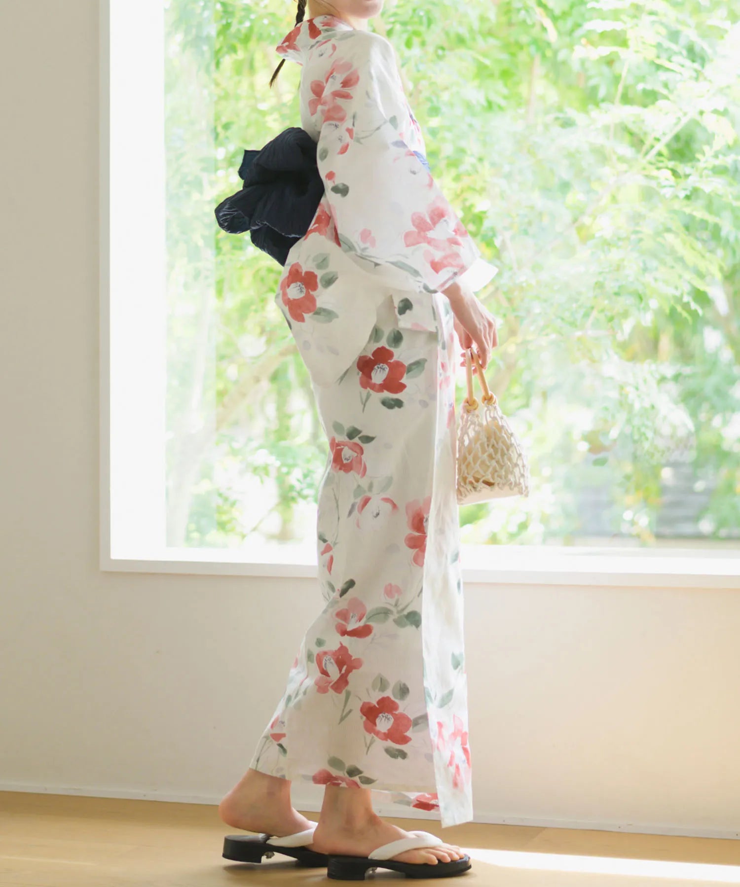 夏花浴衣 白昼の紅椿 下駄付き5点セット(浴衣・兵児帯・腰紐×2・下駄)