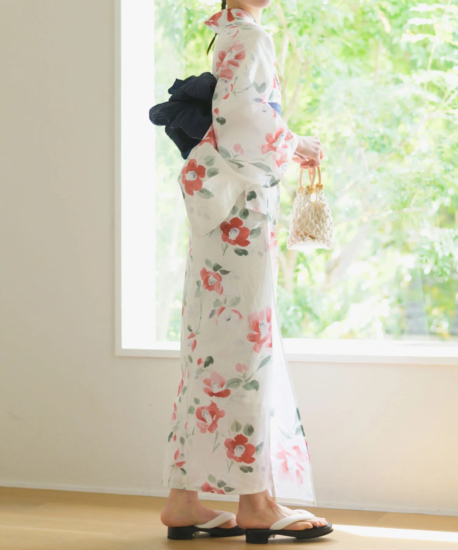 夏花浴衣 白昼の紅椿 下駄付き5点セット(浴衣・兵児帯・腰紐×2・下駄)