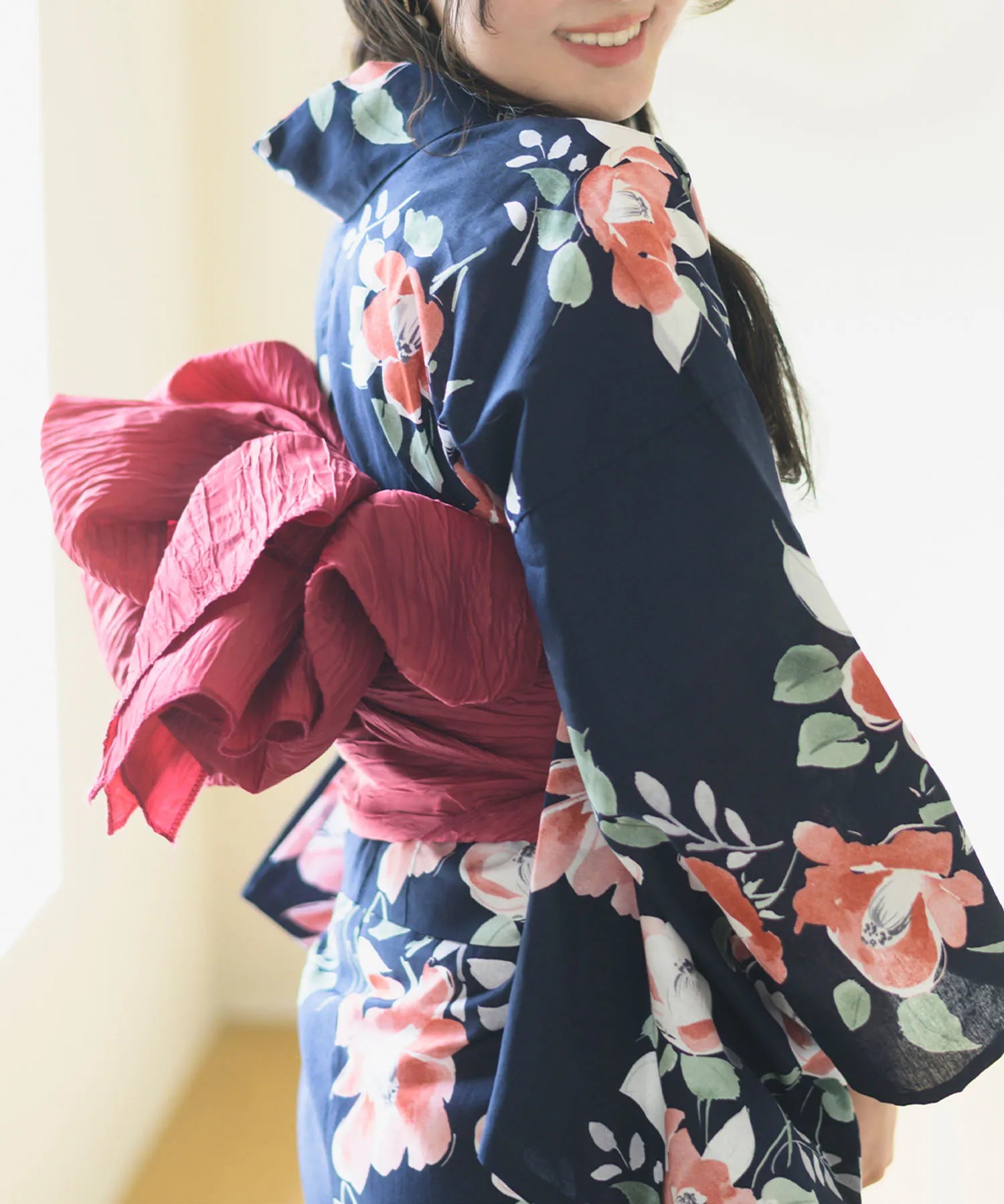 夕涼浴衣 藍夜の紅椿 二部式3点セット(上衣・下衣・兵児帯)