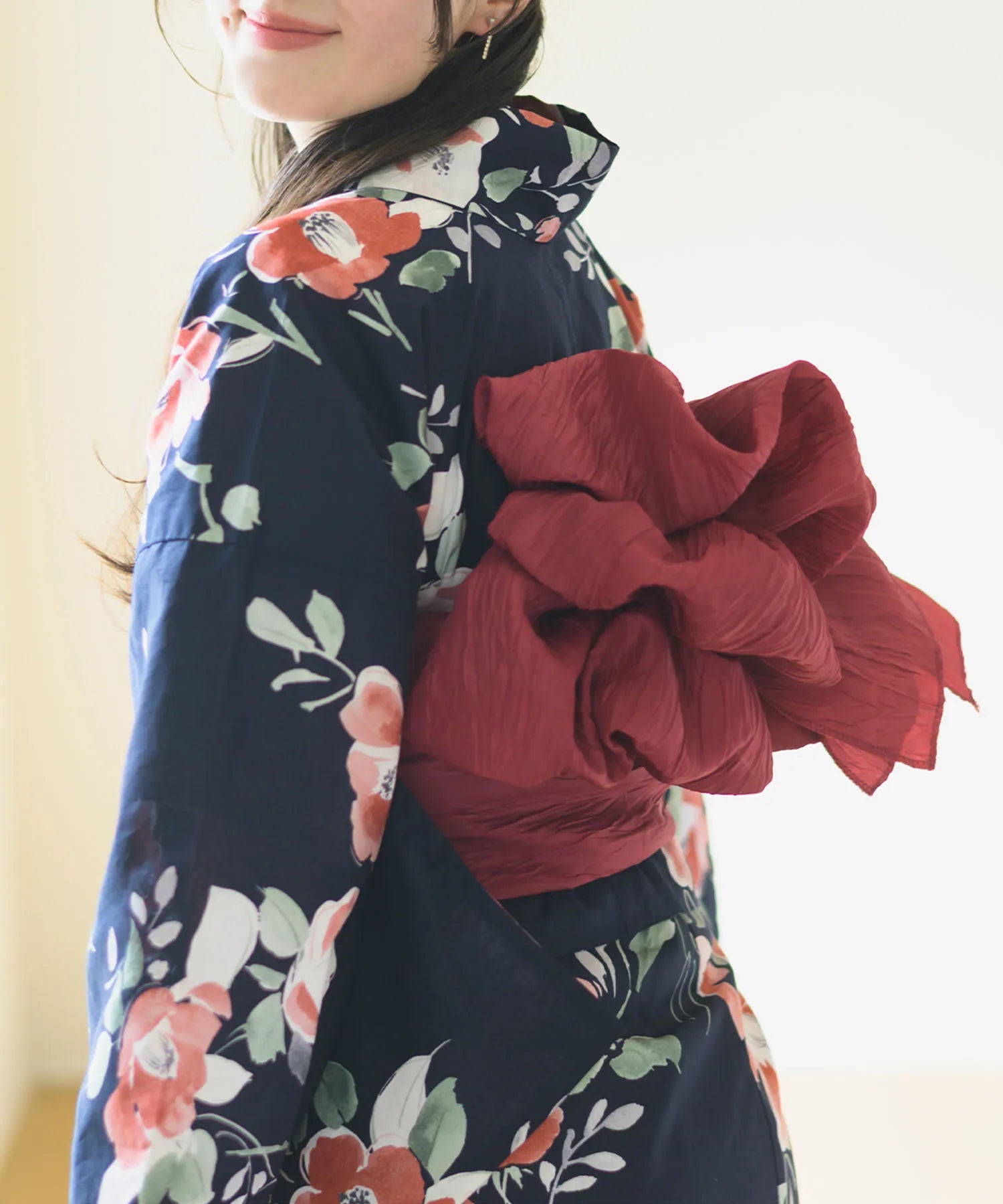 夕涼浴衣 藍夜の紅椿 二部式3点セット(上衣・下衣・兵児帯)