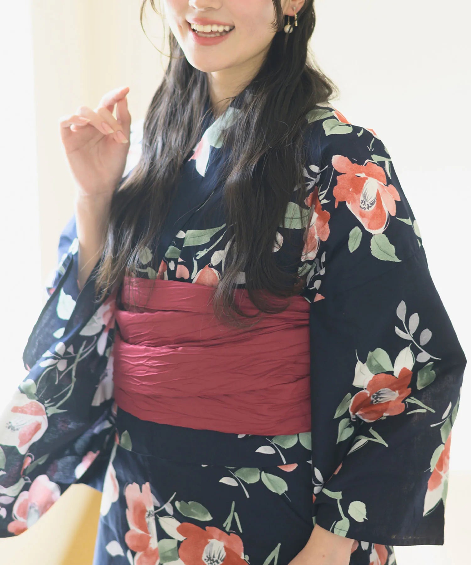 夕涼浴衣 藍夜の紅椿 二部式3点セット(上衣・下衣・兵児帯)