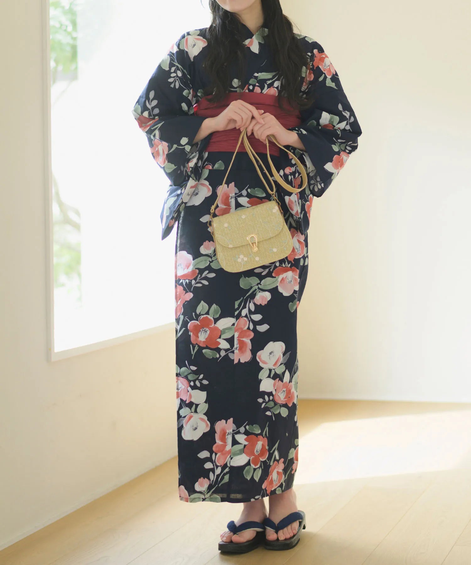 夕涼浴衣 藍夜の紅椿 二部式3点セット(上衣・下衣・兵児帯)