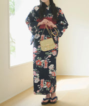 夕涼浴衣 藍夜の紅椿 二部式3点セット(上衣・下衣・兵児帯)