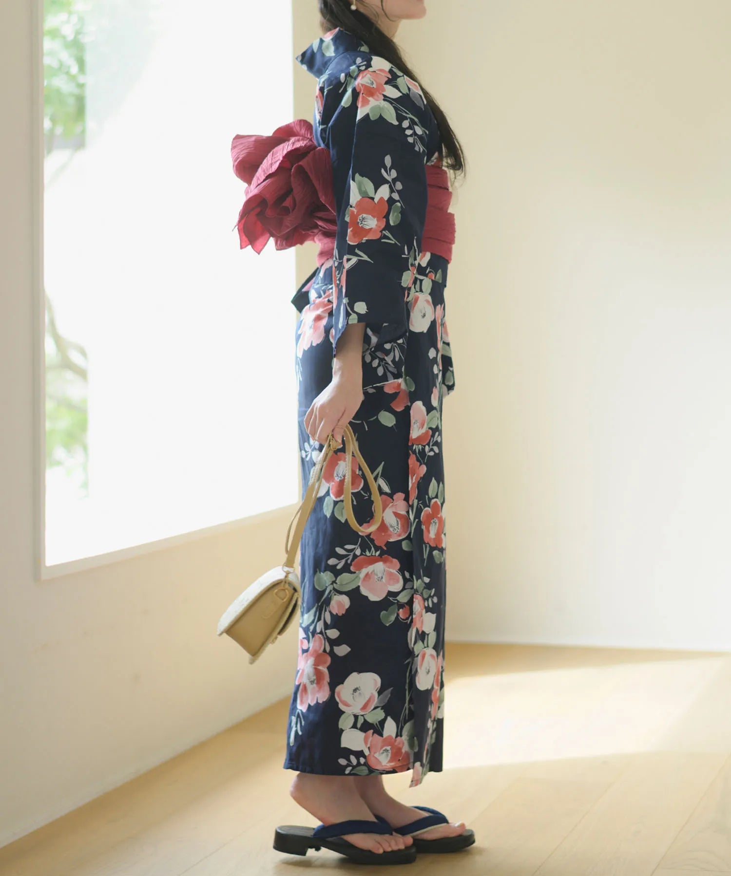 夕涼浴衣 藍夜の紅椿 二部式3点セット(上衣・下衣・兵児帯)