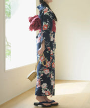 夕涼浴衣 藍夜の紅椿 二部式3点セット(上衣・下衣・兵児帯)