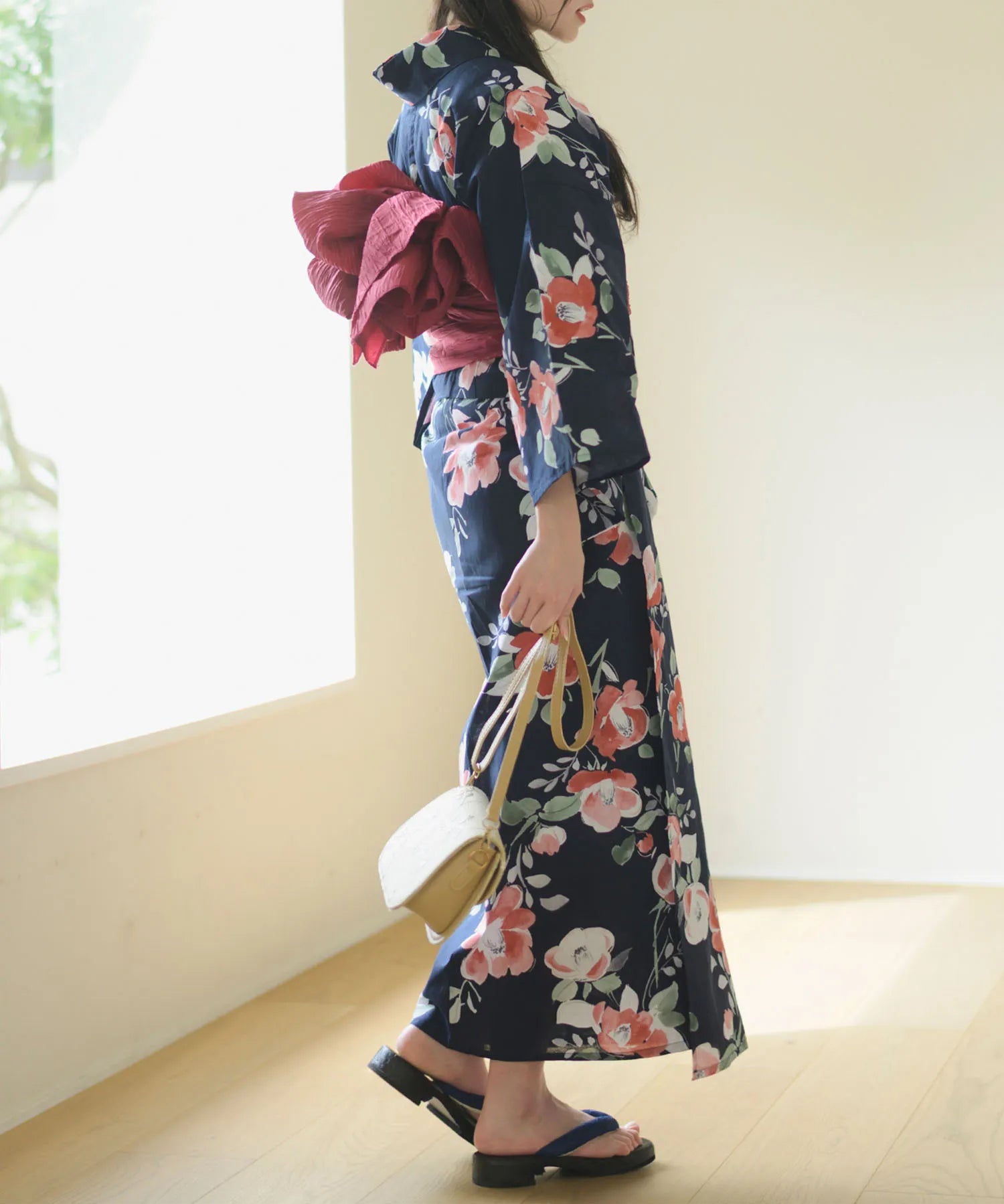 夕涼浴衣 藍夜の紅椿 二部式3点セット(上衣・下衣・兵児帯)