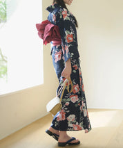 夕涼浴衣 藍夜の紅椿 二部式3点セット(上衣・下衣・兵児帯)