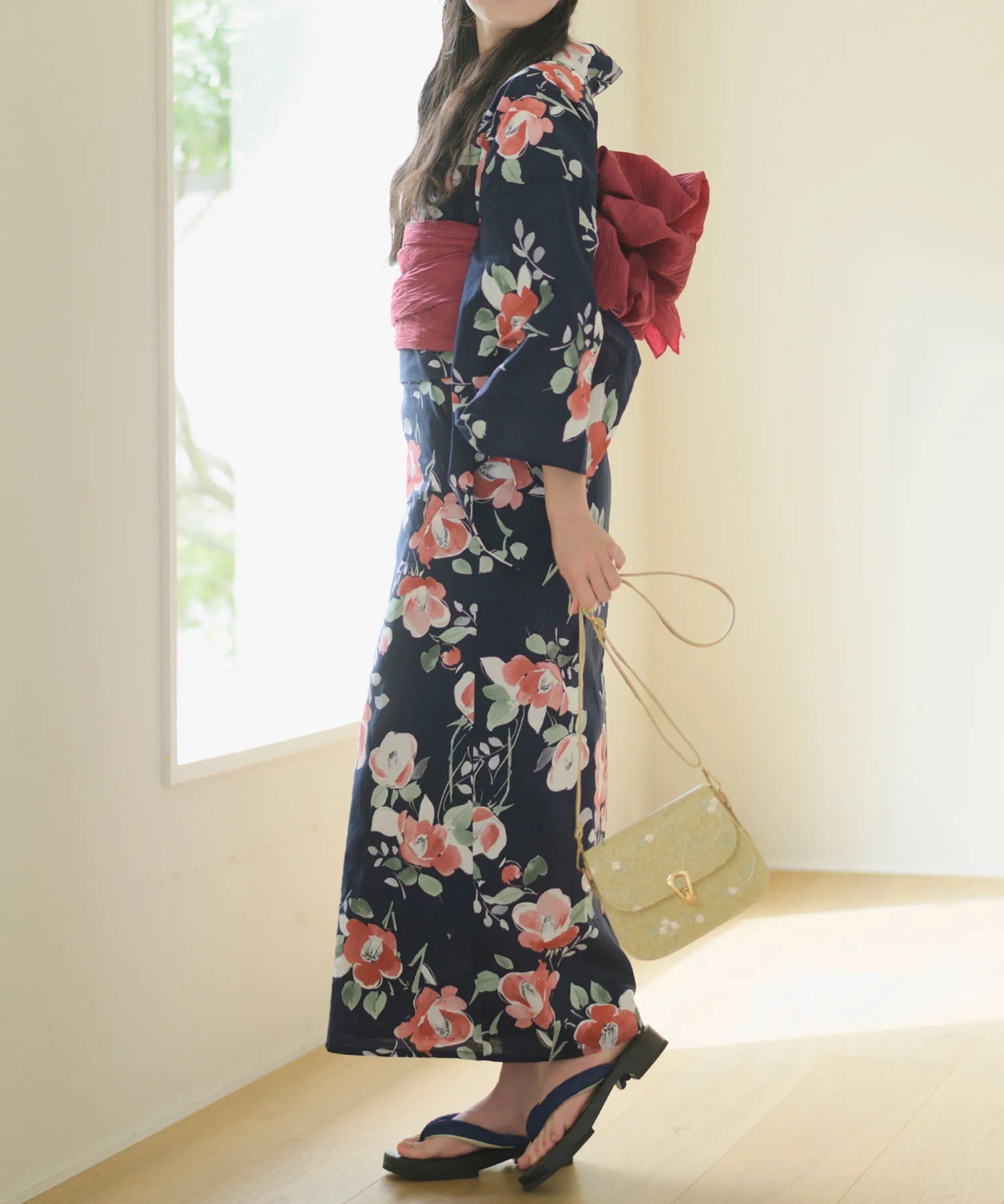 夕涼浴衣 藍夜の紅椿 二部式3点セット(上衣・下衣・兵児帯)