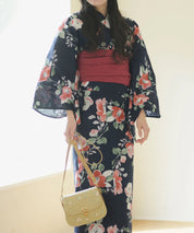 夕涼浴衣 藍夜の紅椿 二部式3点セット(上衣・下衣・兵児帯)