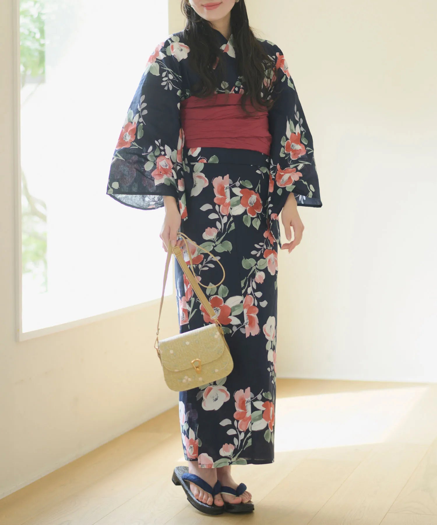 夕涼浴衣 藍夜の紅椿 二部式3点セット(上衣・下衣・兵児帯)