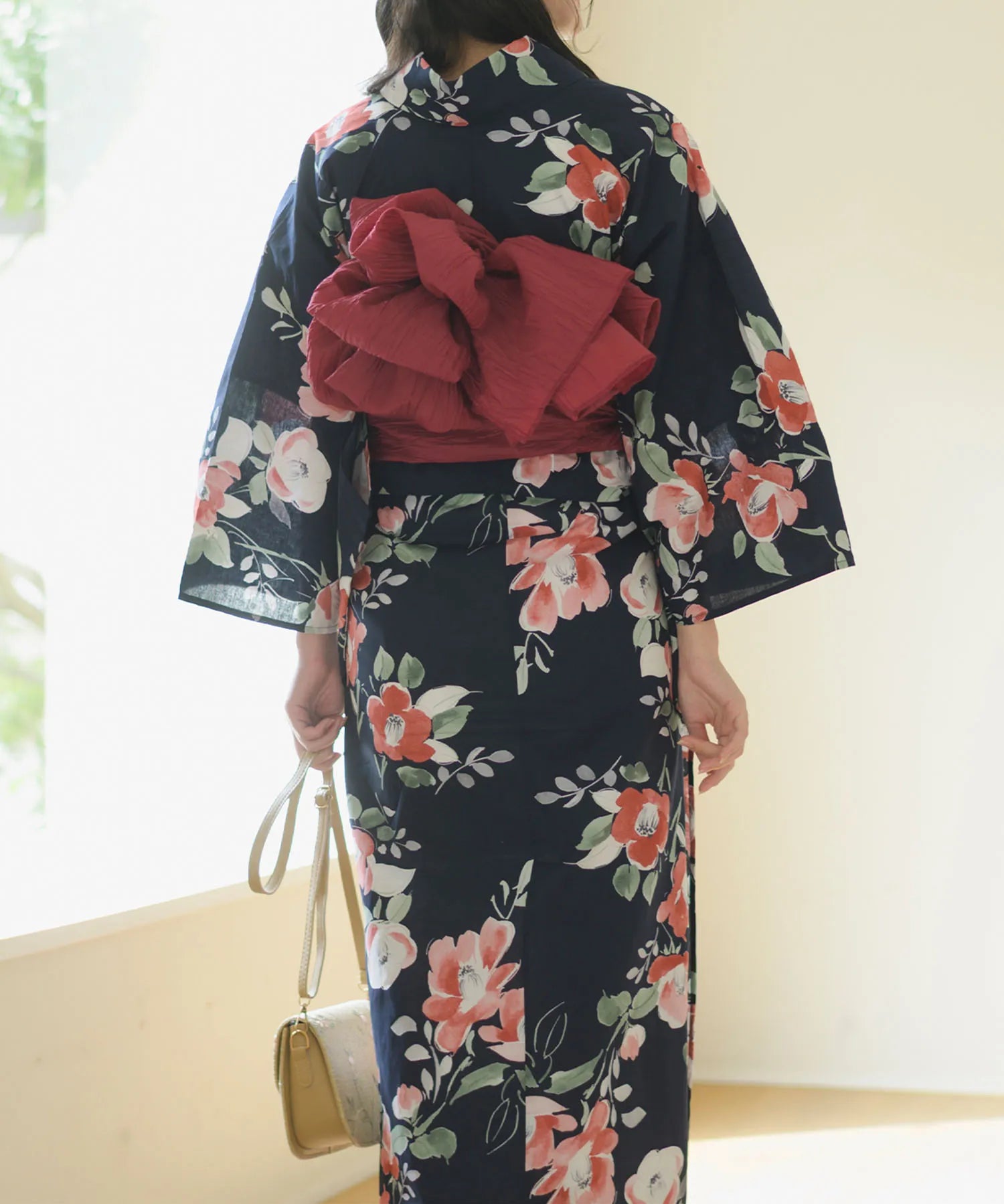 夕涼浴衣 藍夜の紅椿 二部式3点セット(上衣・下衣・兵児帯)