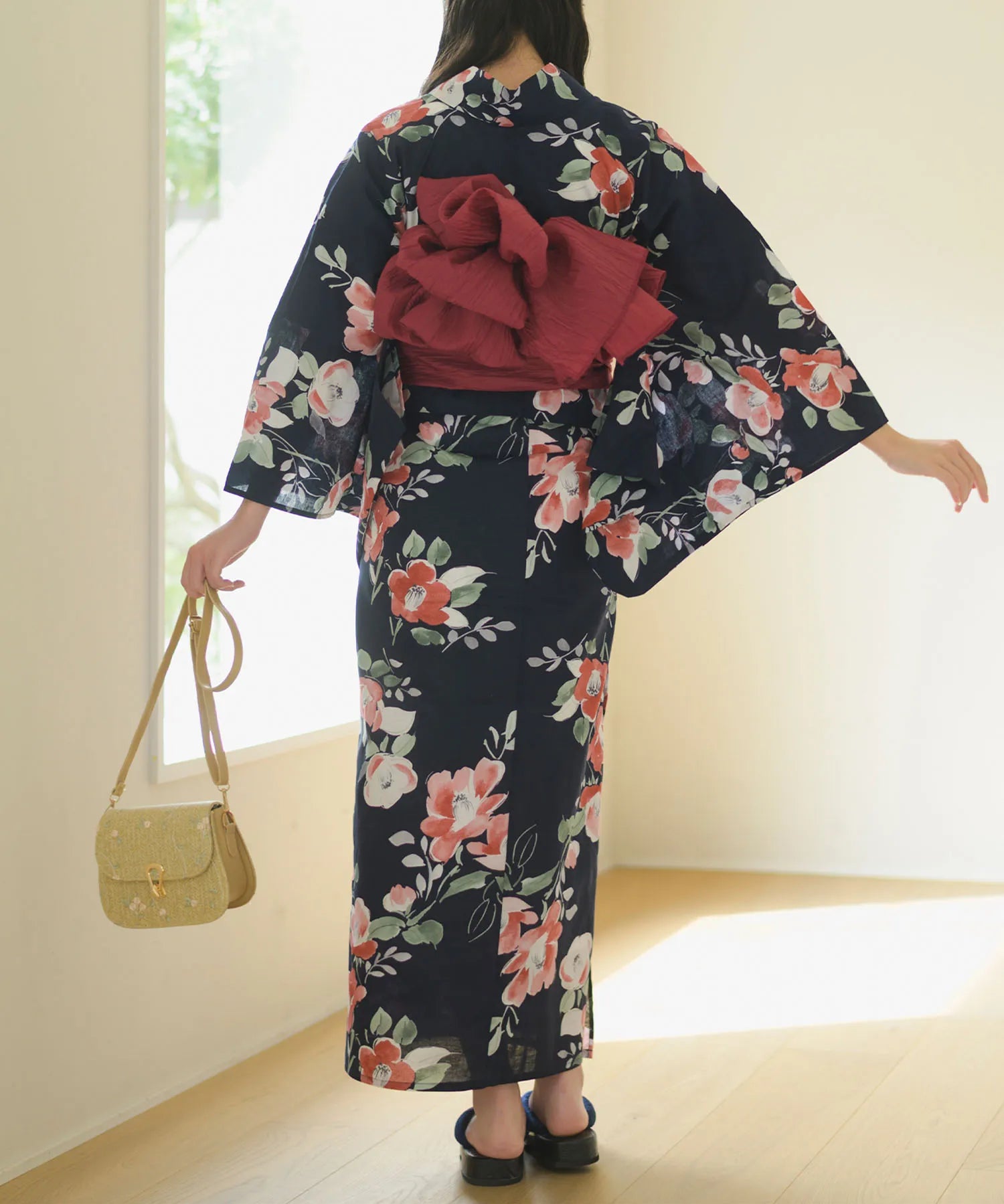 夕涼浴衣 藍夜の紅椿 二部式3点セット(上衣・下衣・兵児帯)