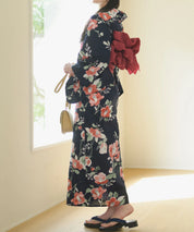 夕涼浴衣 藍夜の紅椿 二部式3点セット(上衣・下衣・兵児帯)