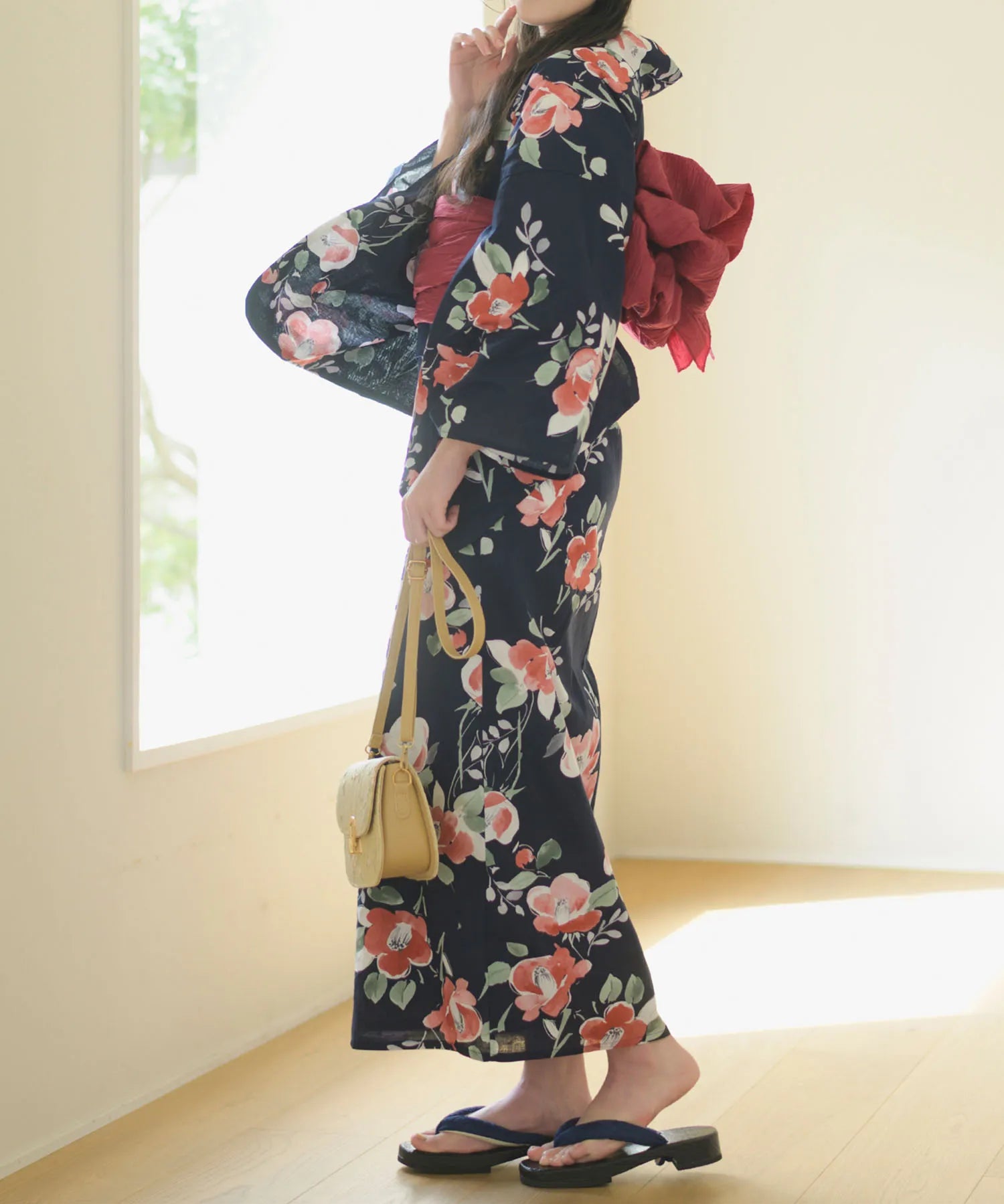 夕涼浴衣 藍夜の紅椿 二部式3点セット(上衣・下衣・兵児帯)