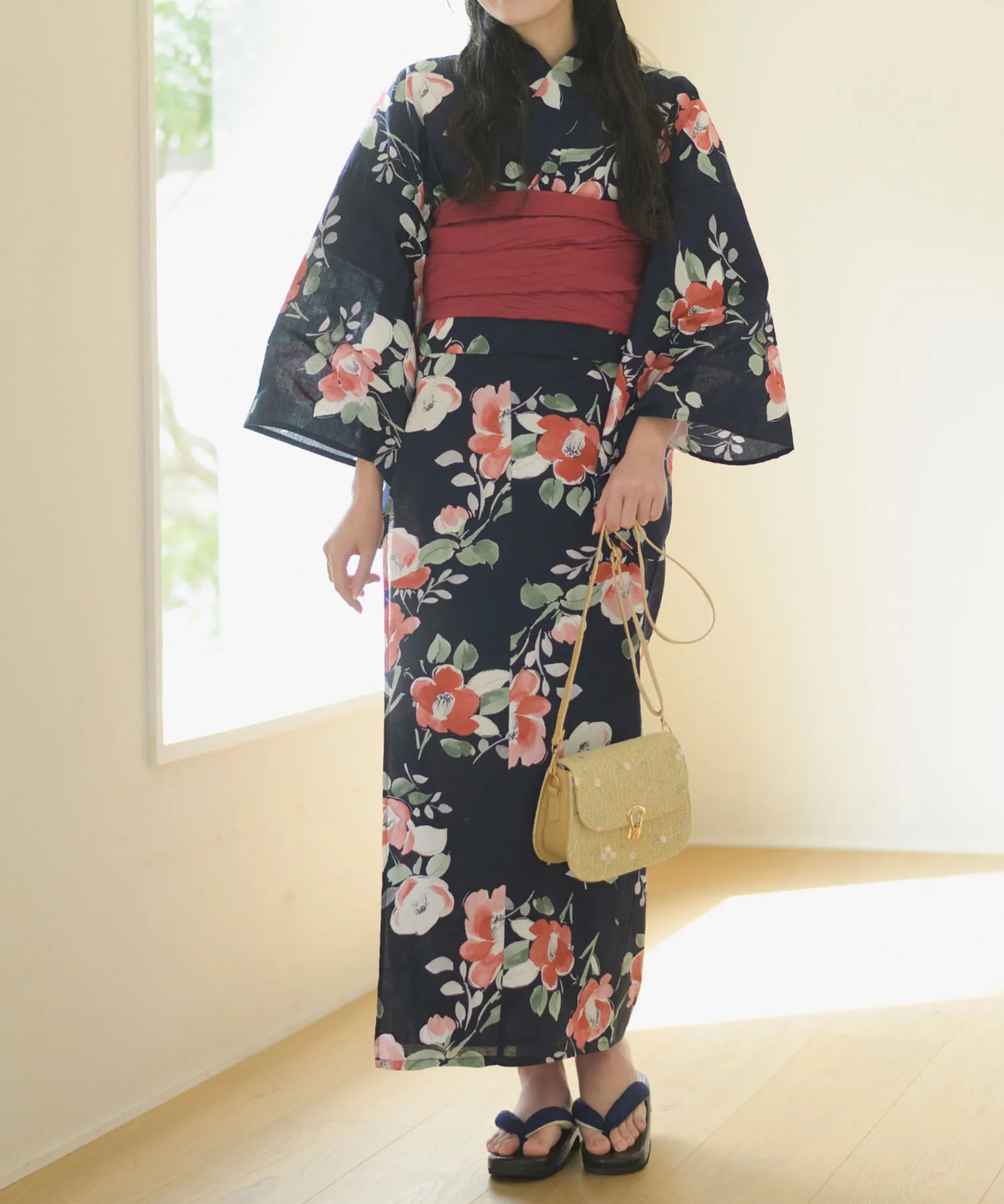 夕涼浴衣 藍夜の紅椿 二部式3点セット(上衣・下衣・兵児帯)