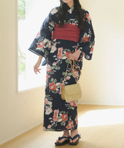 夕涼浴衣 藍夜の紅椿 二部式3点セット(上衣・下衣・兵児帯)