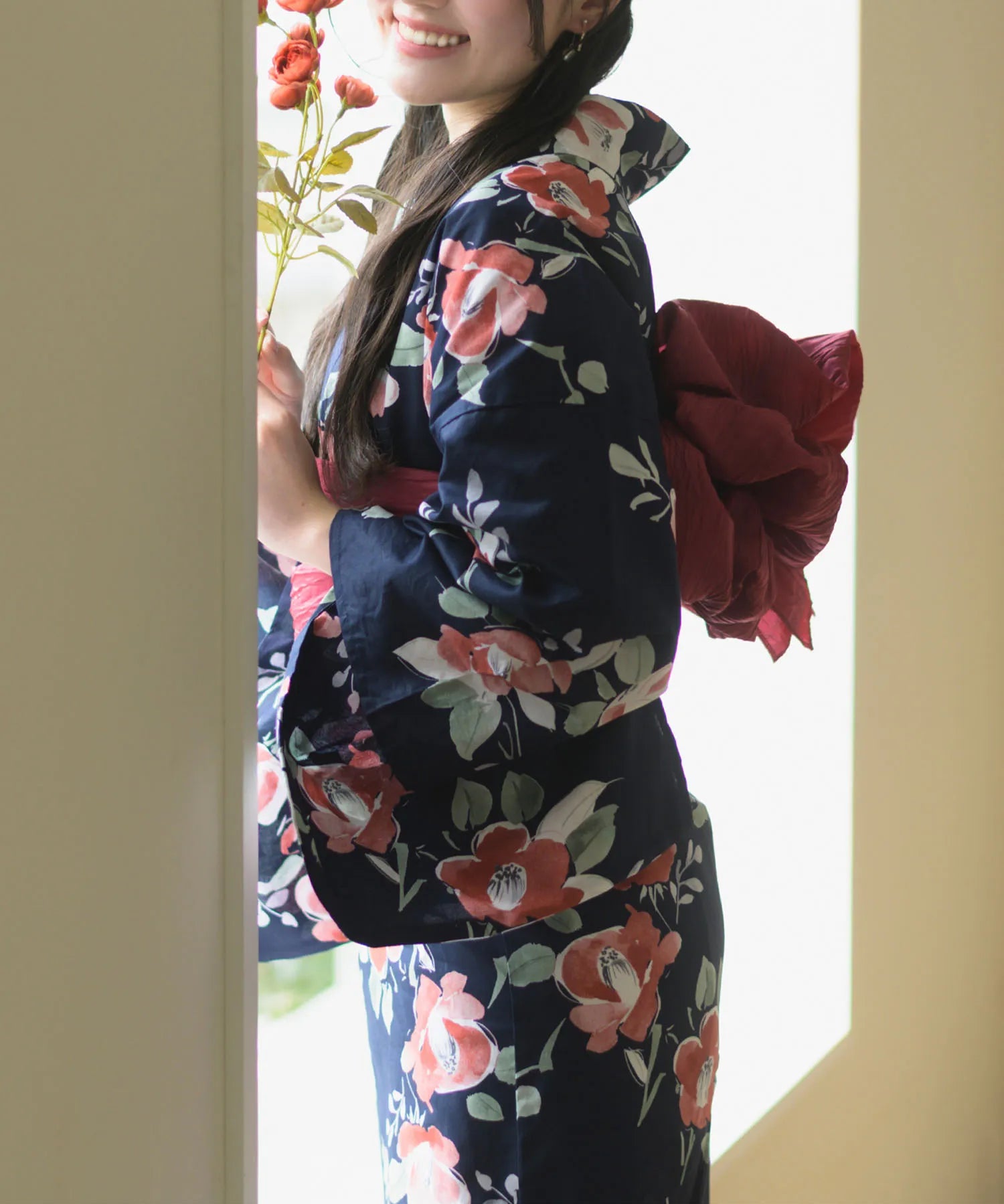 夕涼浴衣 藍夜の紅椿 二部式3点セット(上衣・下衣・兵児帯)