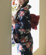 夕涼浴衣 藍夜の紅椿 二部式3点セット(上衣・下衣・兵児帯)