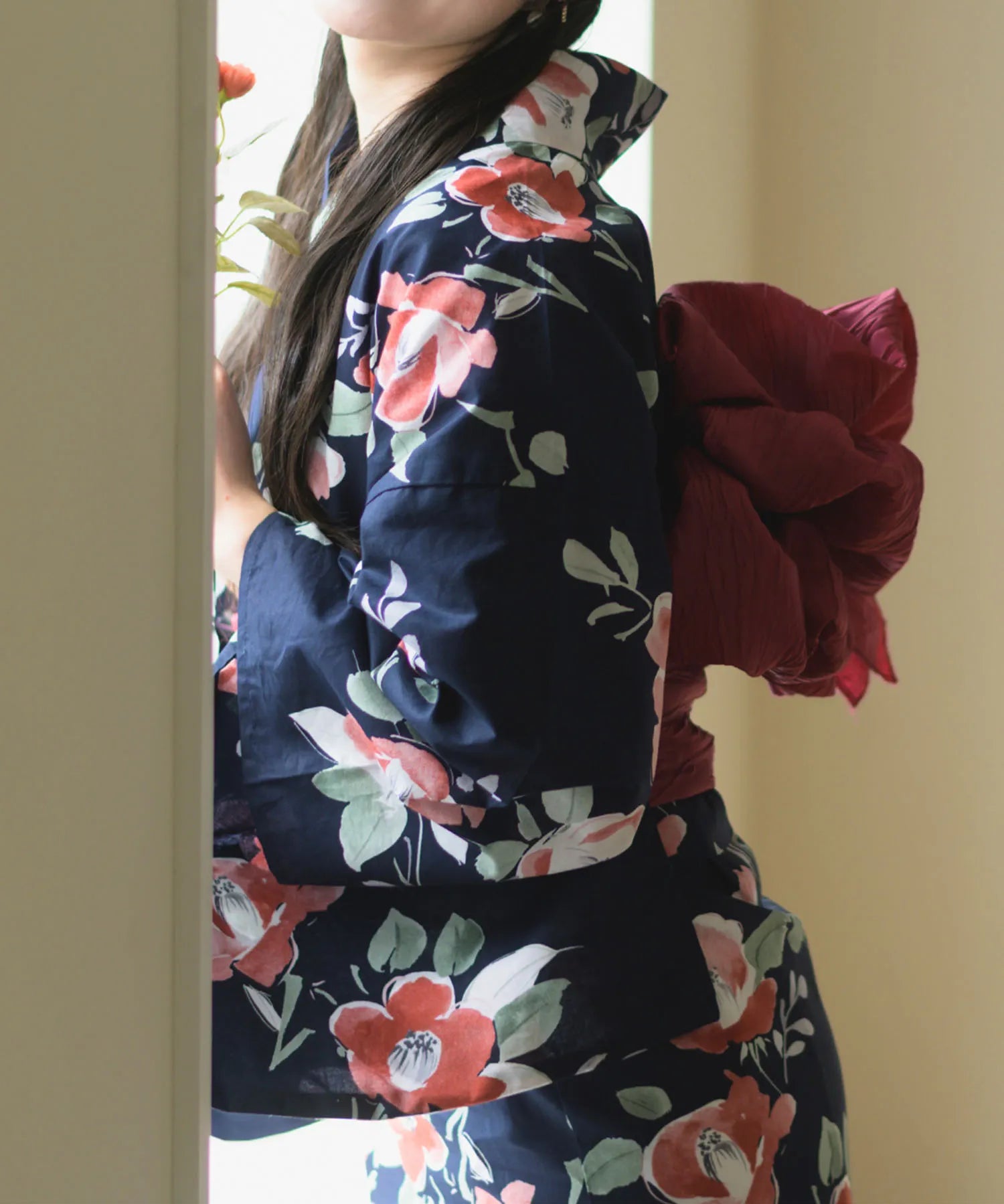 夕涼浴衣 藍夜の紅椿 二部式3点セット(上衣・下衣・兵児帯)