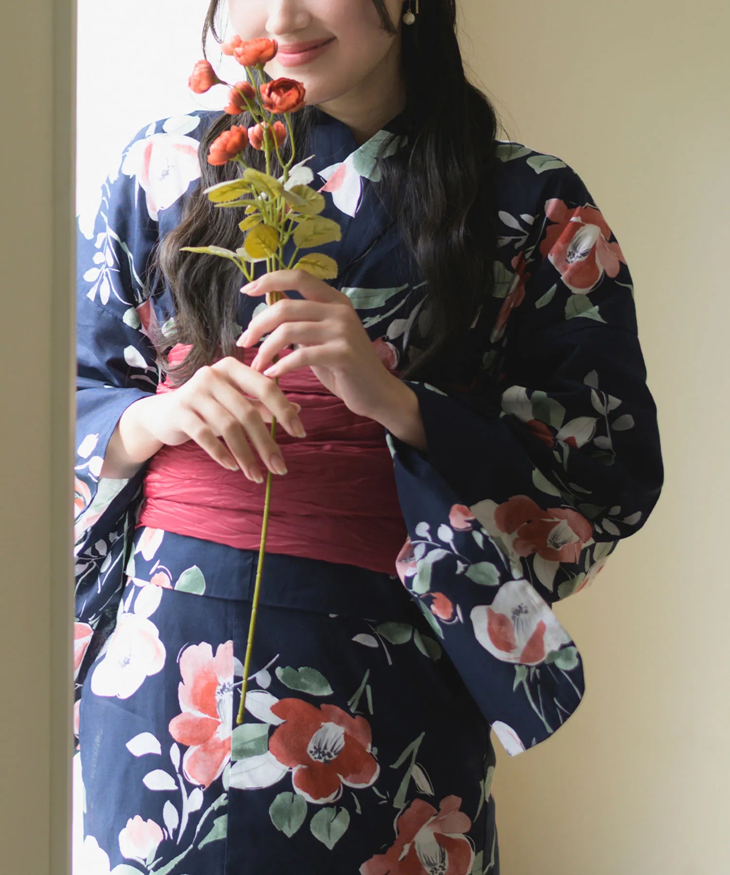 夕涼浴衣 藍夜の紅椿 二部式3点セット(上衣・下衣・兵児帯)