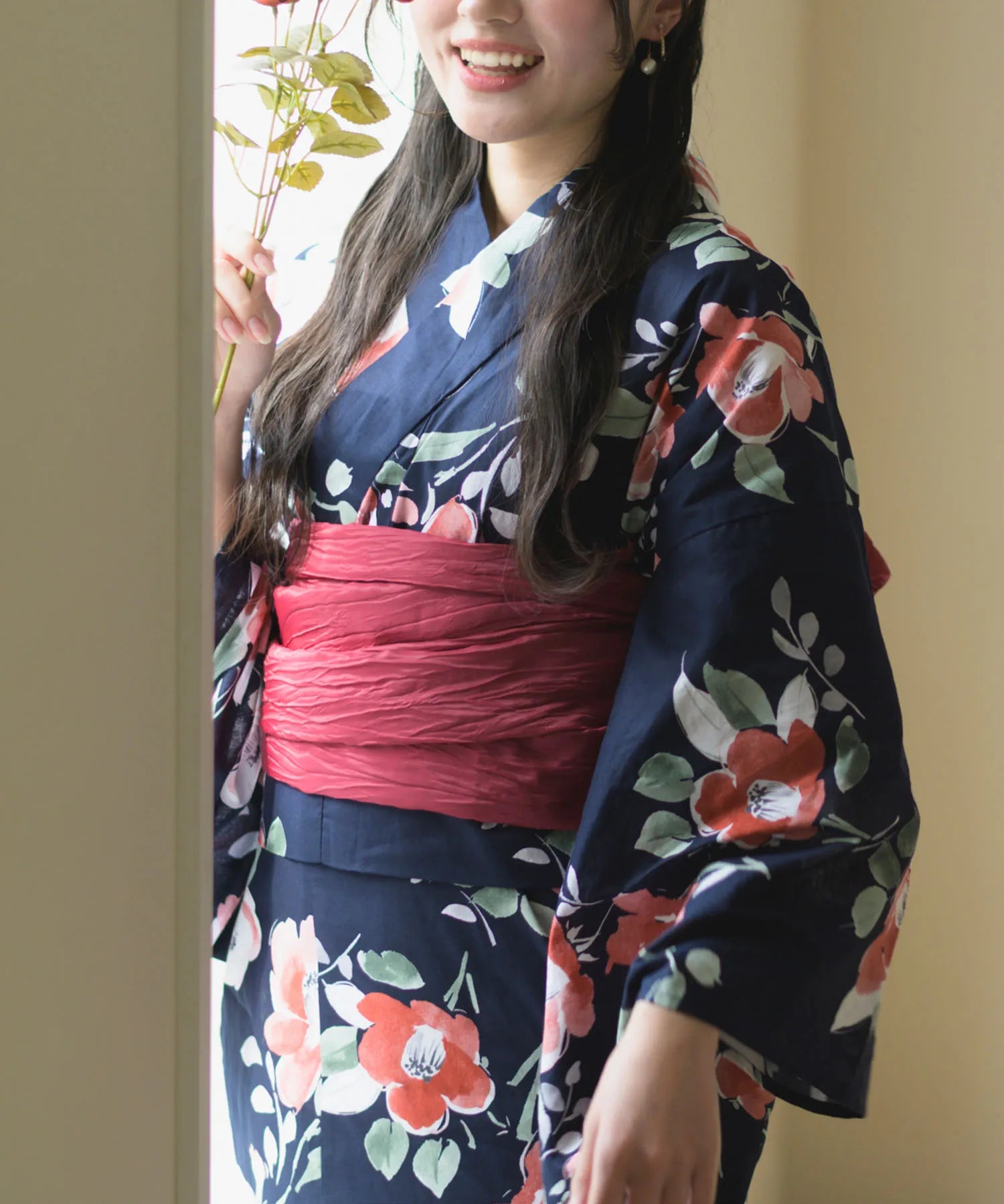 夕涼浴衣 藍夜の紅椿 二部式3点セット(上衣・下衣・兵児帯)