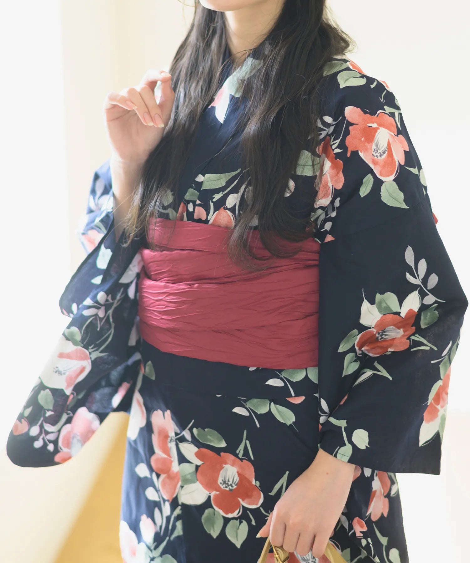 夕涼浴衣 藍夜の紅椿 二部式3点セット(上衣・下衣・兵児帯)