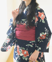 夕涼浴衣 藍夜の紅椿 二部式3点セット(上衣・下衣・兵児帯)