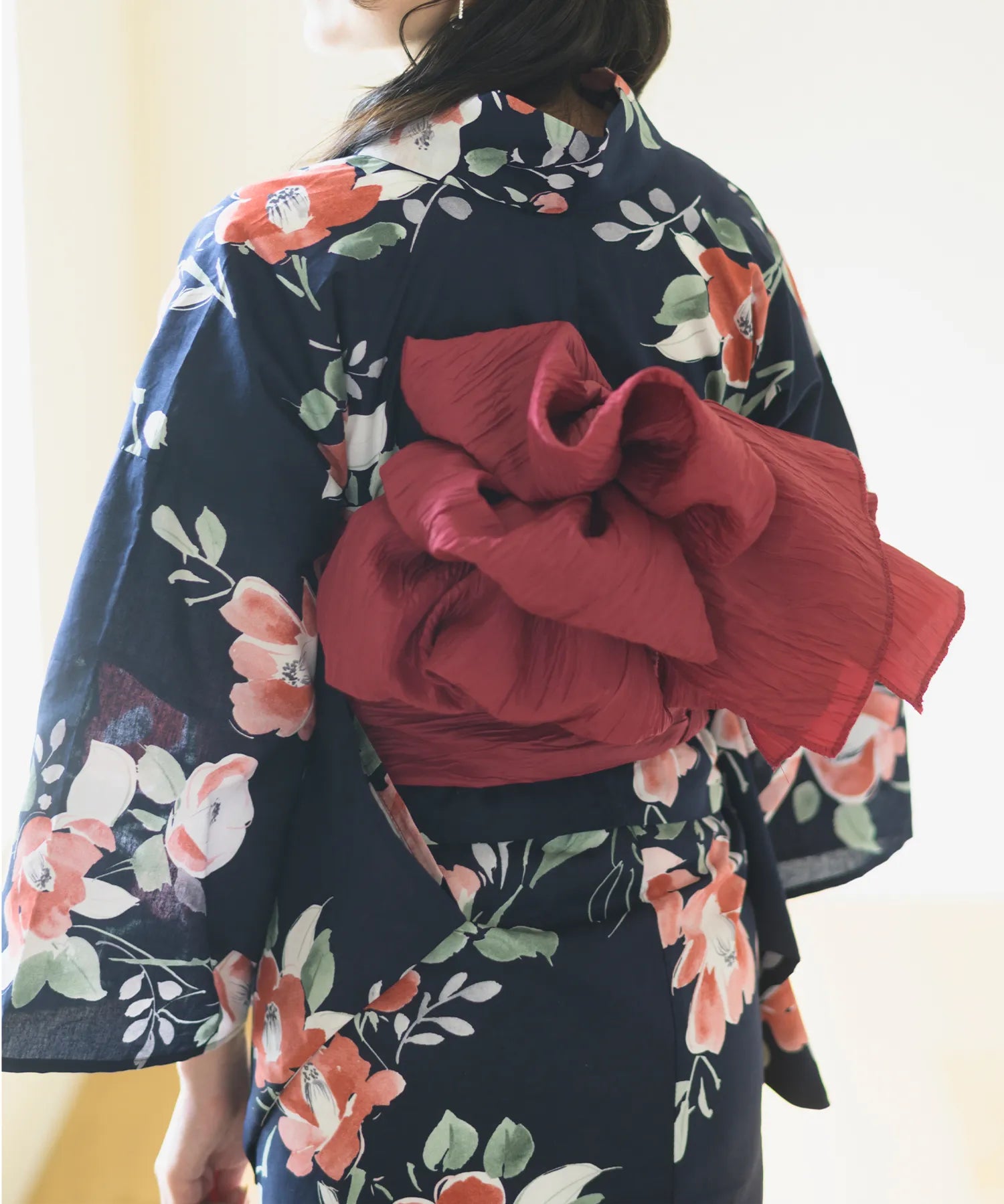 夕涼浴衣 藍夜の紅椿 二部式3点セット(上衣・下衣・兵児帯)