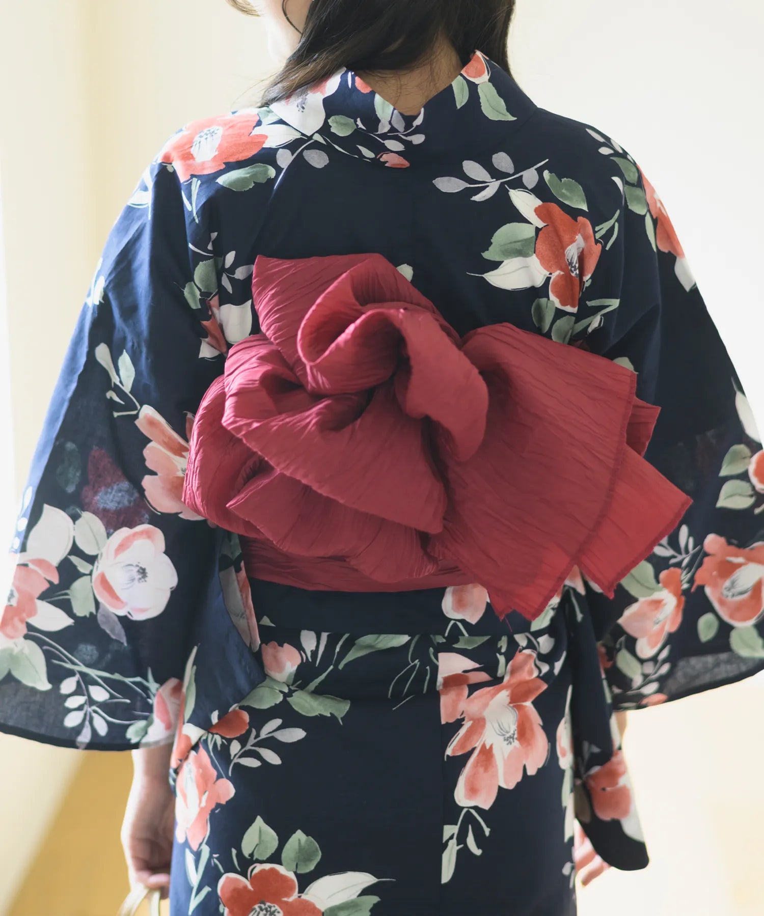 夕涼浴衣 藍夜の紅椿 二部式3点セット(上衣・下衣・兵児帯)