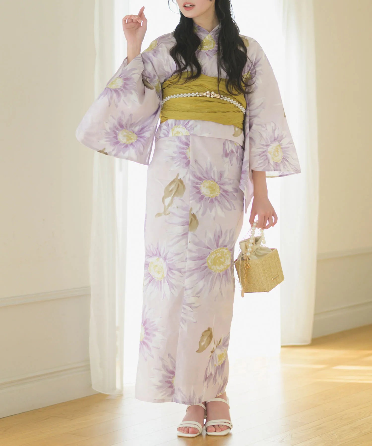 夕涼浴衣 桃風ひまわり 二部式3点セット(上衣・下衣・兵児帯)